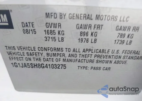 2016 Chevrolet Sonic Ls Auto z USA, uszkodzony, nr VIN 1G1JA5SH8G4103275